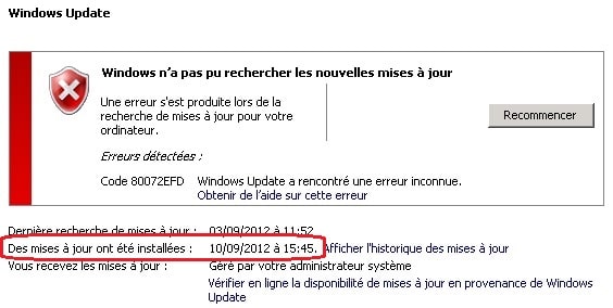Window Update Erreur 80072EFD